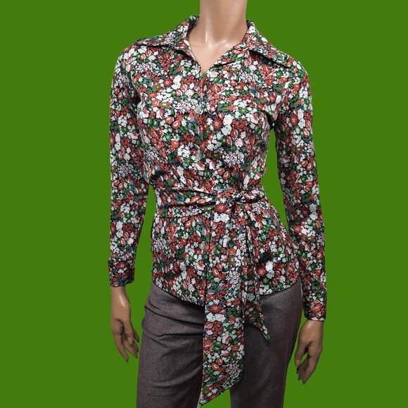 Vintage 70s Blouse Belted Floral Disco Dagger Collar Long Sleeve Button Up Sz S - Picture 2 of 11